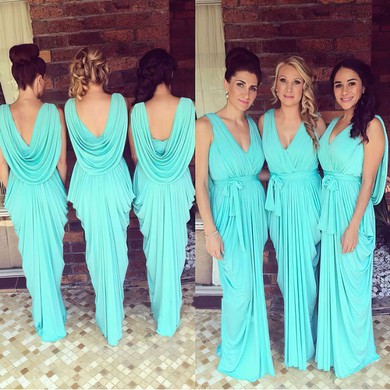 Unique V-neck Chiffon with Ruffles Sheath/Column Bridesmaid Dresses #UKM01012748
