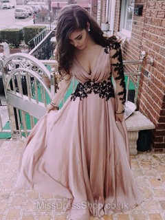 A-line V-neck Chiffon Floor-length Appliques Lace Prom Dresses #02016853