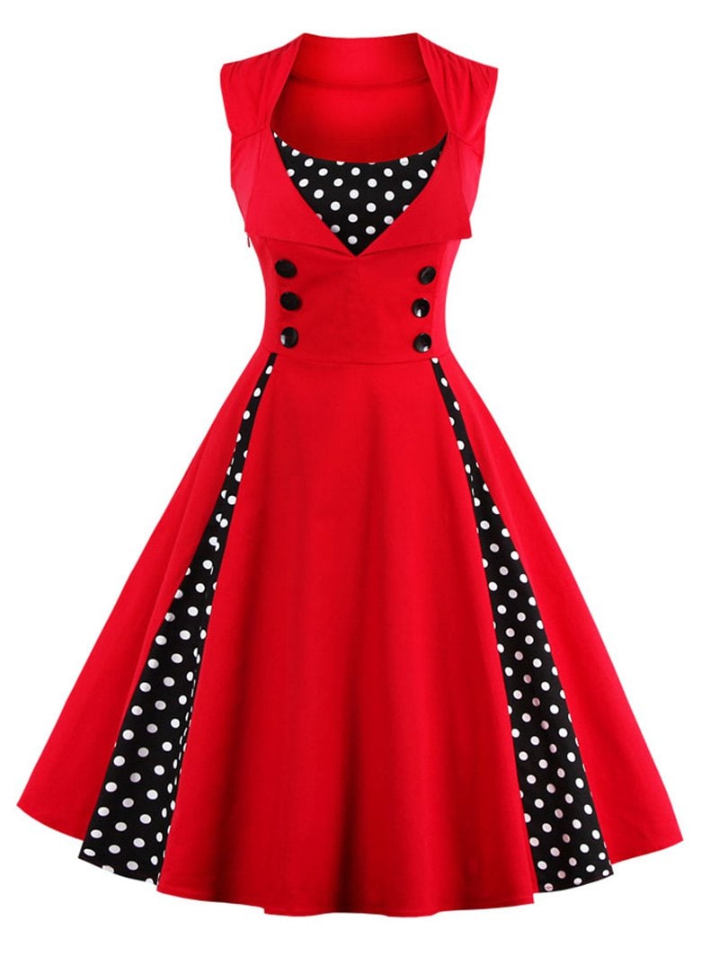 Midi Polka Dot Prom Rockabilly Swing Vintage Prom Dresses - RED M
