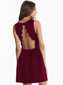 Wine Red Burgundy Raspberry Sleeveless Backless Scalloped Pleated Dress