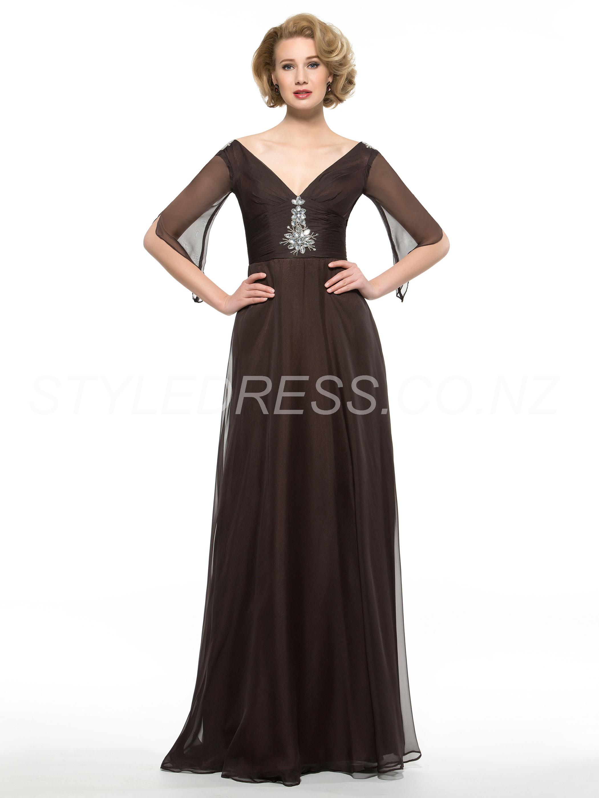 Modern Floor Length A-Line V-Neck Half Sleeve 30D Mother of the Bride Dress (11341628) 