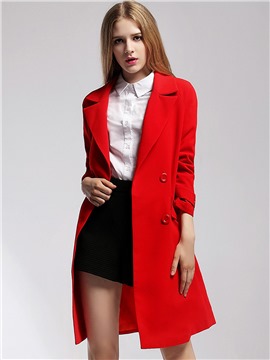 Pure Color Mid-Length Long Sleeve Notched Lapel Trench Coat