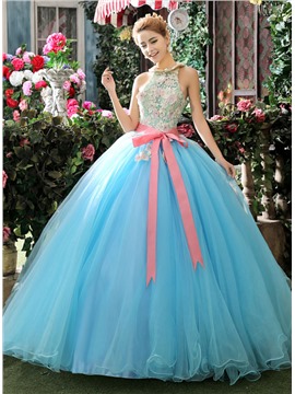 Elegant High Neck Flower Applique Lace Ball Gown Dress