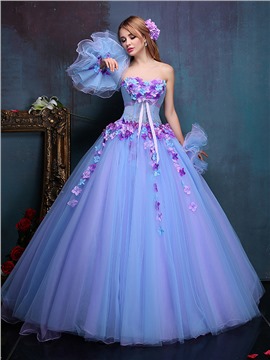 Fancy 3-D Flowers Beading Bowknot Sashes Lace-up Sleeveless Sweetheart Floor Length Ball Gown Dress
