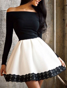 Contrast Long Sleeve Lace Trim Skater Dress