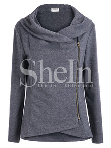 Dark Grey Long Sleeve Asymmetric Zip Outerwear