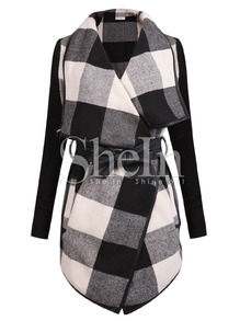 Black White Long Sleeve Plaid Belt Coat