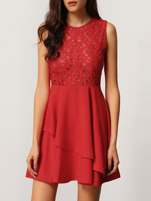 With Zipper Lace Insert Flare Red Underskirt Drop Waist Dress