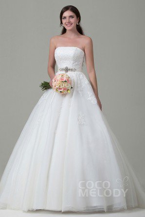 Luxurious A-Line Strapless Natural Train Tulle Ivory Sleeveless Lace Up-Corset Wedding Dress with Beading and Appliques h2pn0153