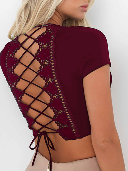 V-neck Criss-cross Back Crop Top in Burgundy