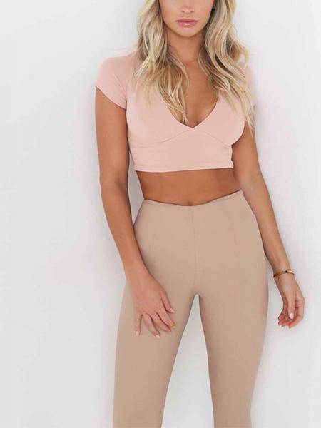 V-neck Criss-cross Back Crop Top in Pink